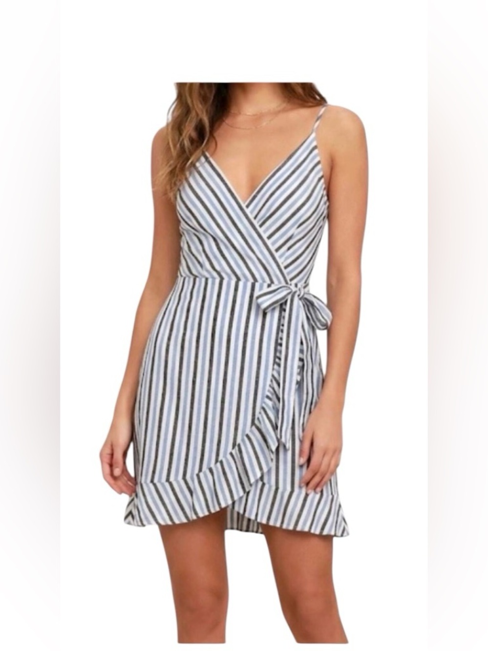 Blue Lemon Striped Cami Wrap Dress Size L Ruffle Hem D4302F
